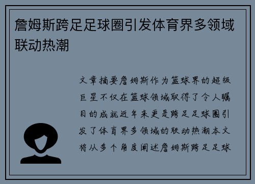 詹姆斯跨足足球圈引发体育界多领域联动热潮